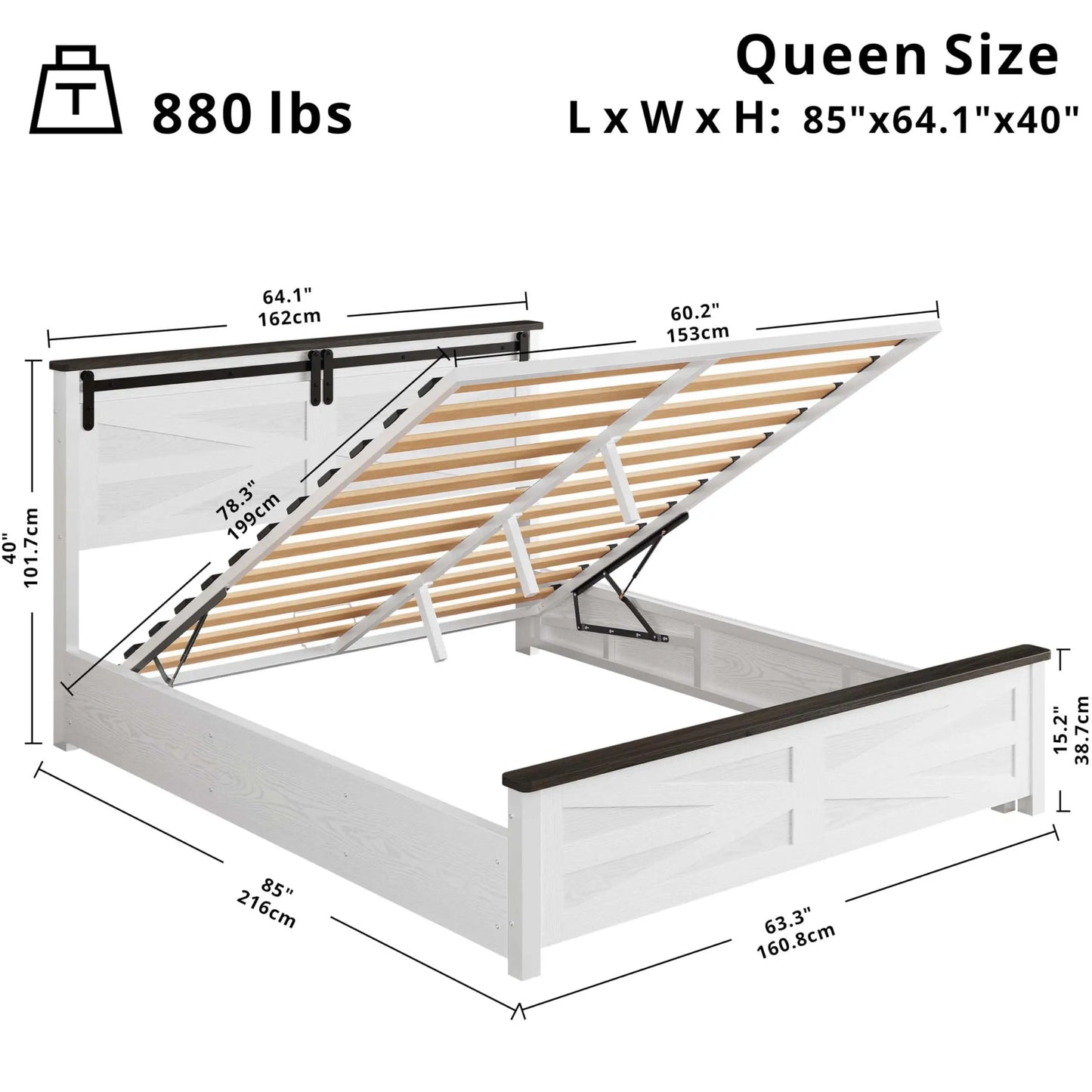 Farmhouse Queen Bed Frame with Liftup Storage