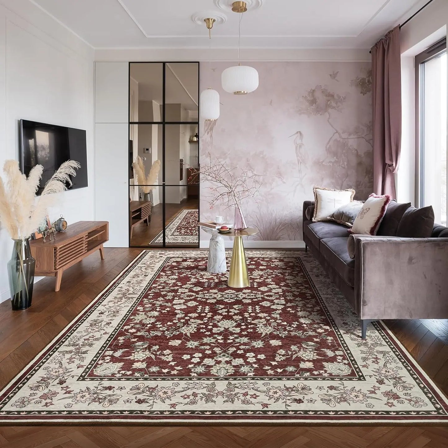Washable Rugs for Living Room Floral Print