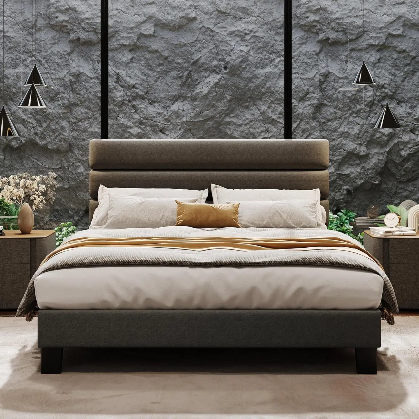 Bed Frame with Adjustable Headboard, Platform Bed