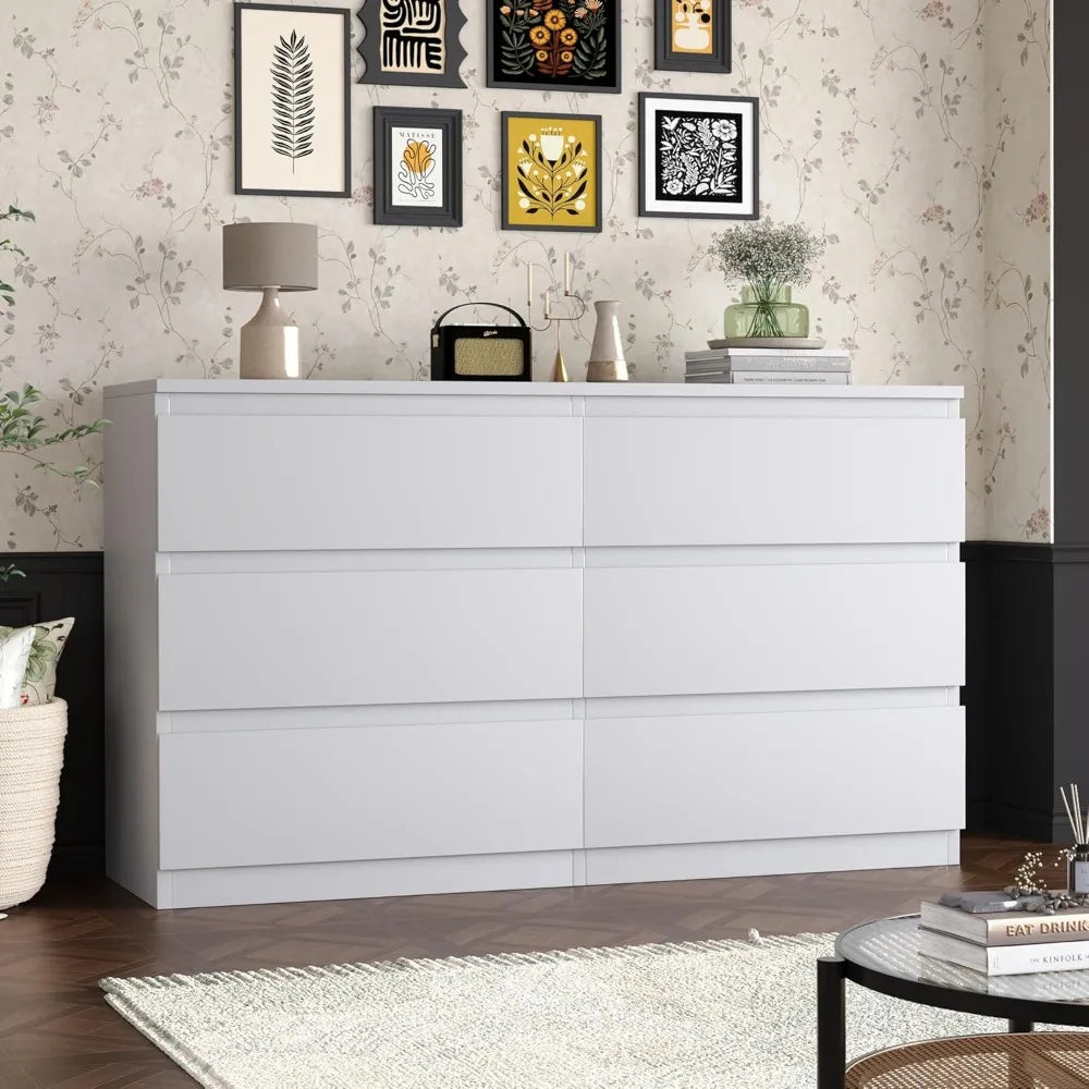 White Wood Dresser, 48" Wide 6 Drawers
