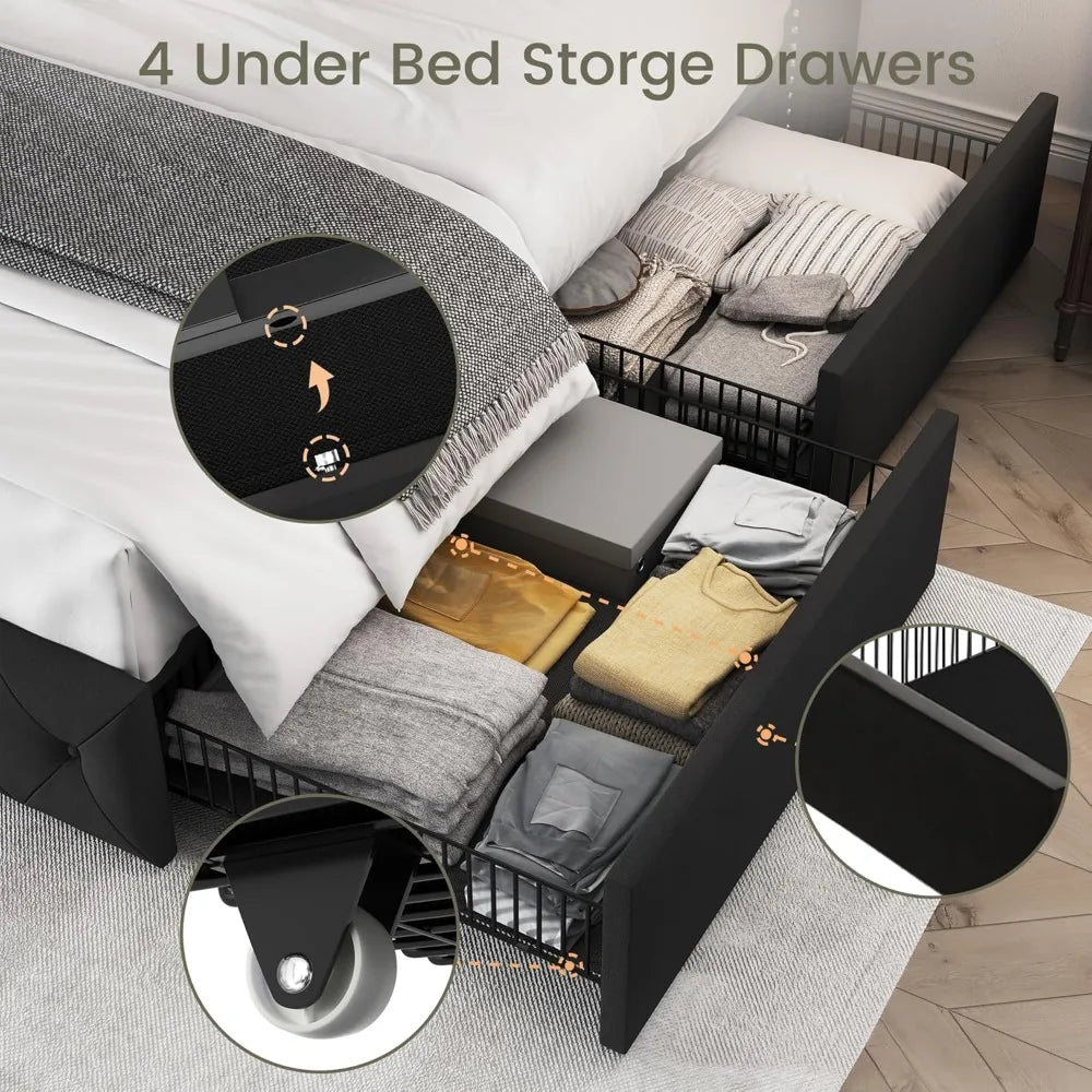 Bed Frame with 4 Storage Drawers, Headboard