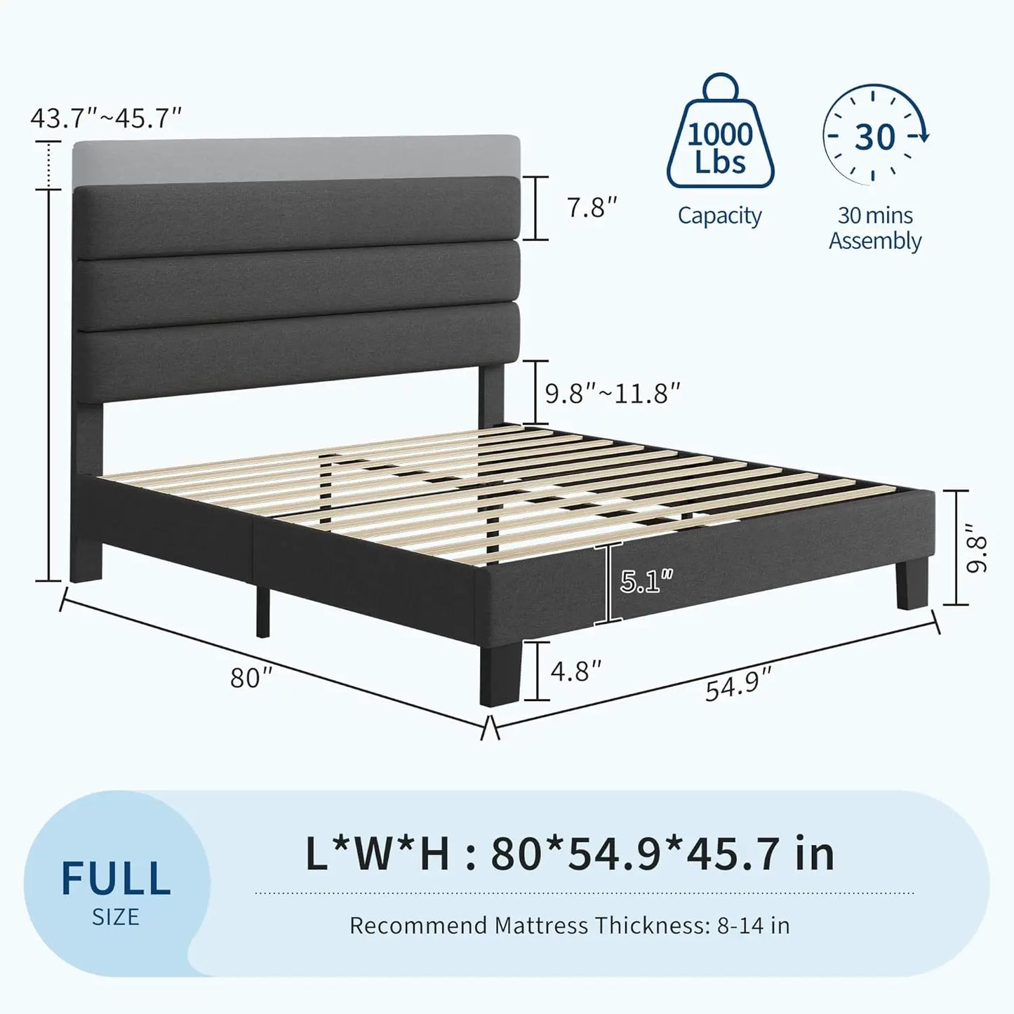 Bed Frame with Adjustable Headboard, Platform Bed