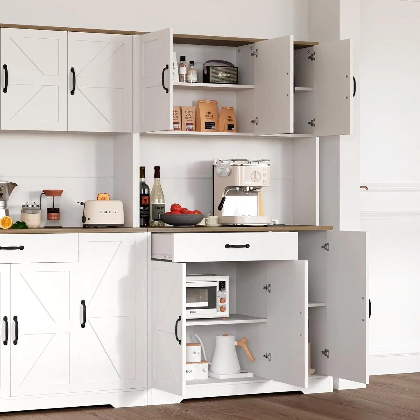 "71in White Kitchen Pantry Cabinet, Coffee Bar