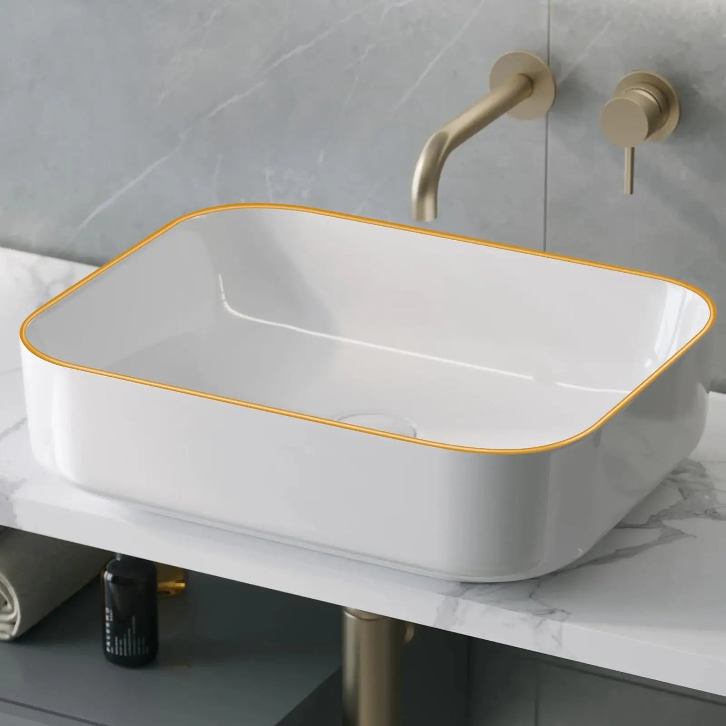 White w/Gold Rim Ceramic Bathroom Sink