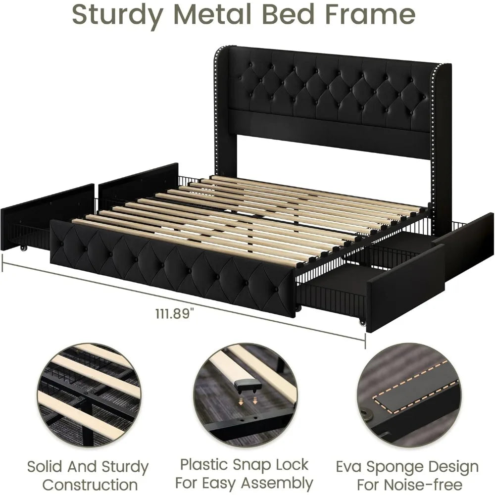 Bed Frame with 4 Storage Drawers, Headboard