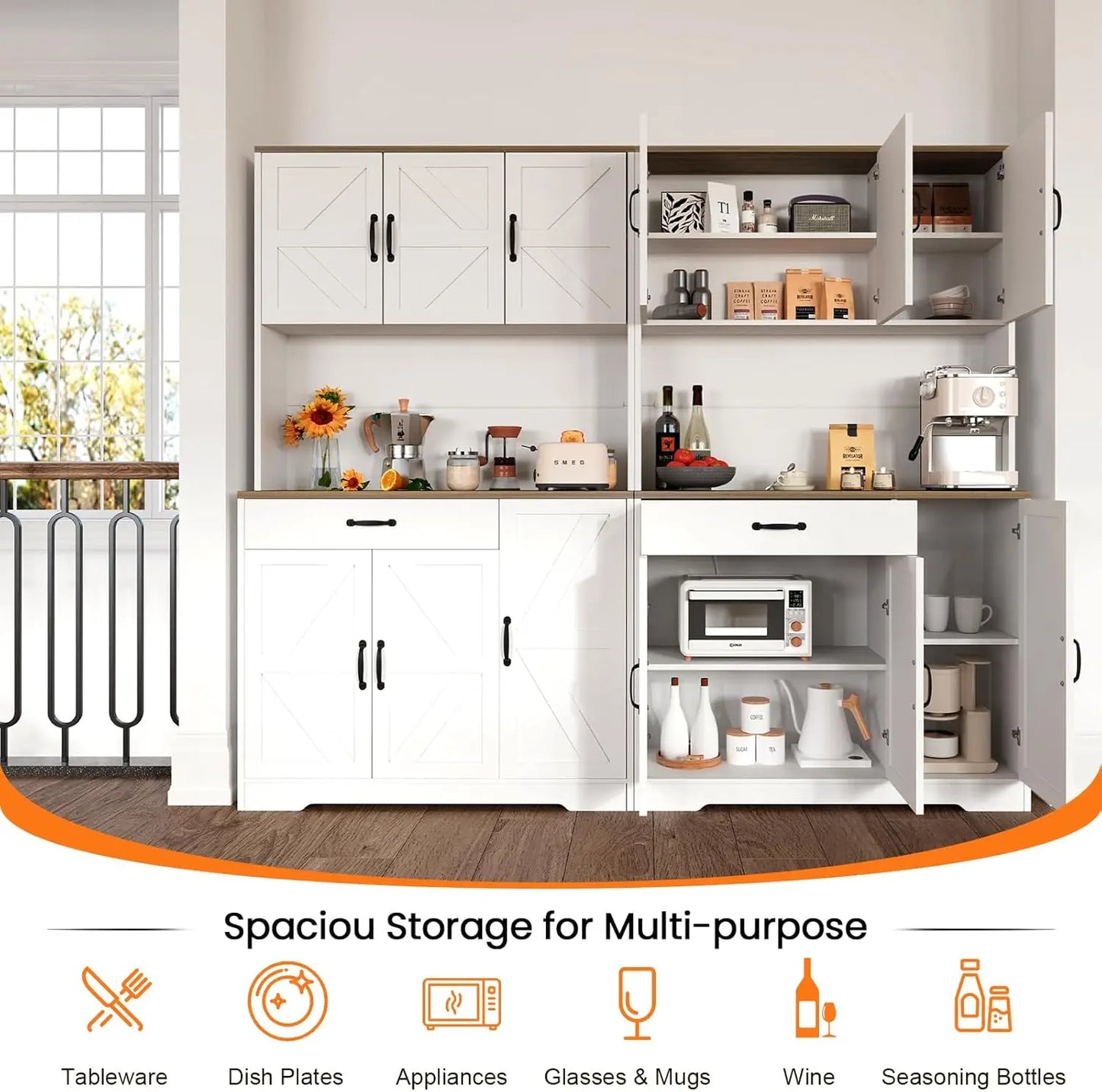 "71in White Kitchen Pantry Cabinet, Coffee Bar