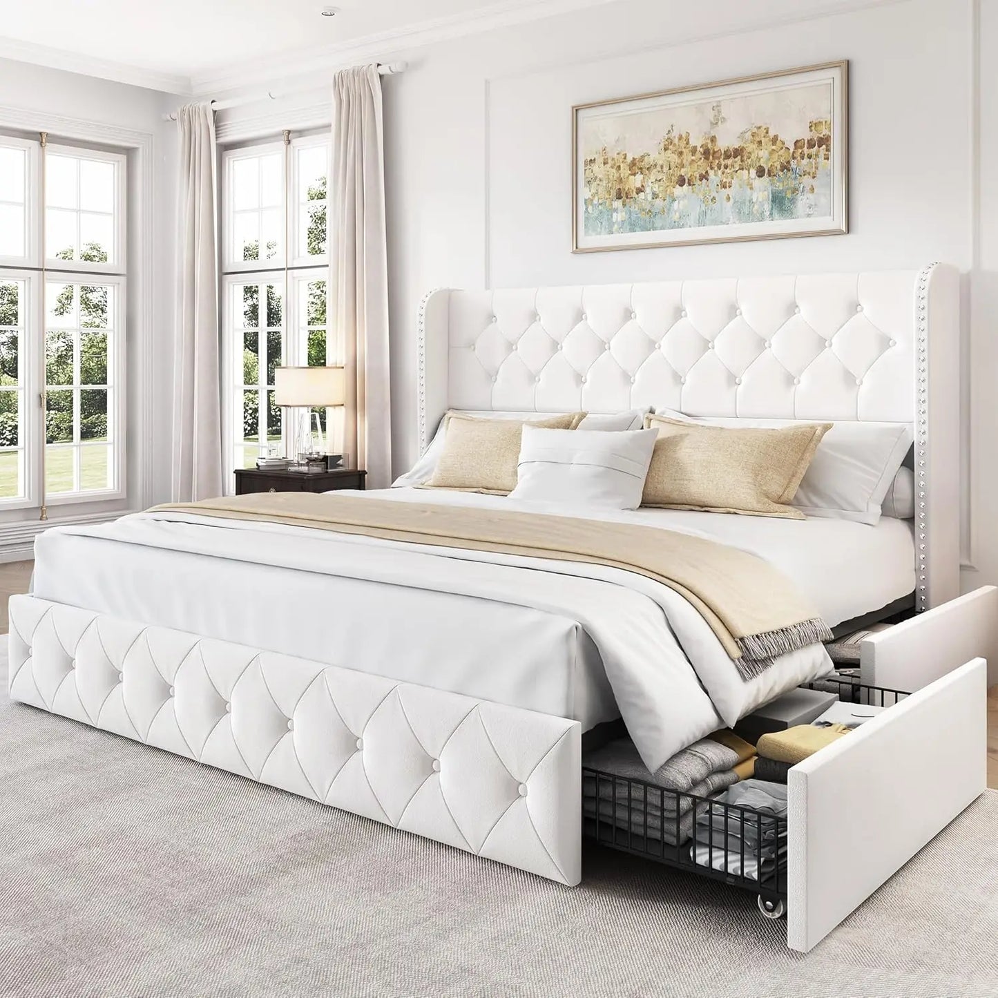 Bed Frame with 4 Storage Drawers, Headboard