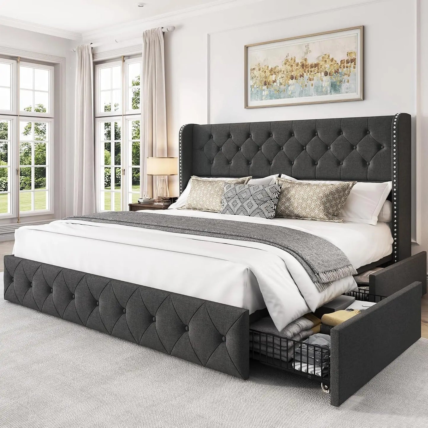 Bed Frame with 4 Storage Drawers, Headboard