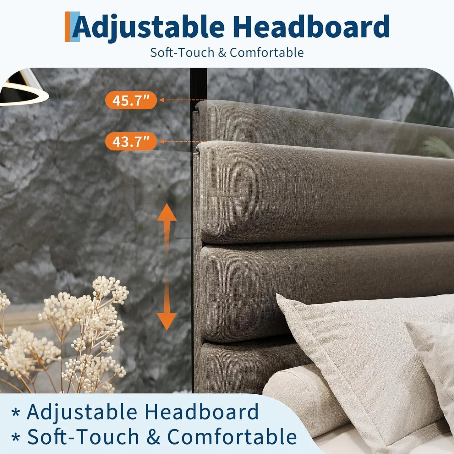 Bed Frame with Adjustable Headboard, Platform Bed