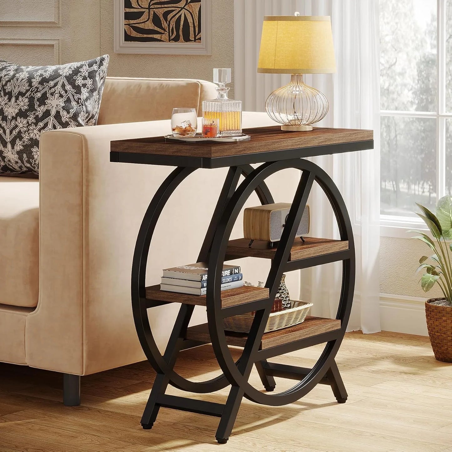 3-Tier Narrow Wood Side Table with Storage