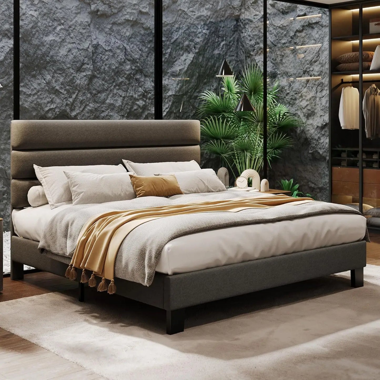 Bed Frame with Adjustable Headboard, Platform Bed