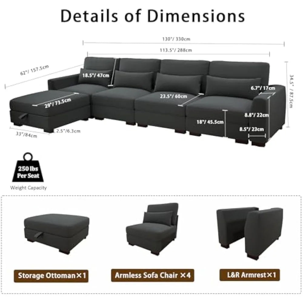 L-Shape Linen Sofa, Sectional Sofa with Ottoman