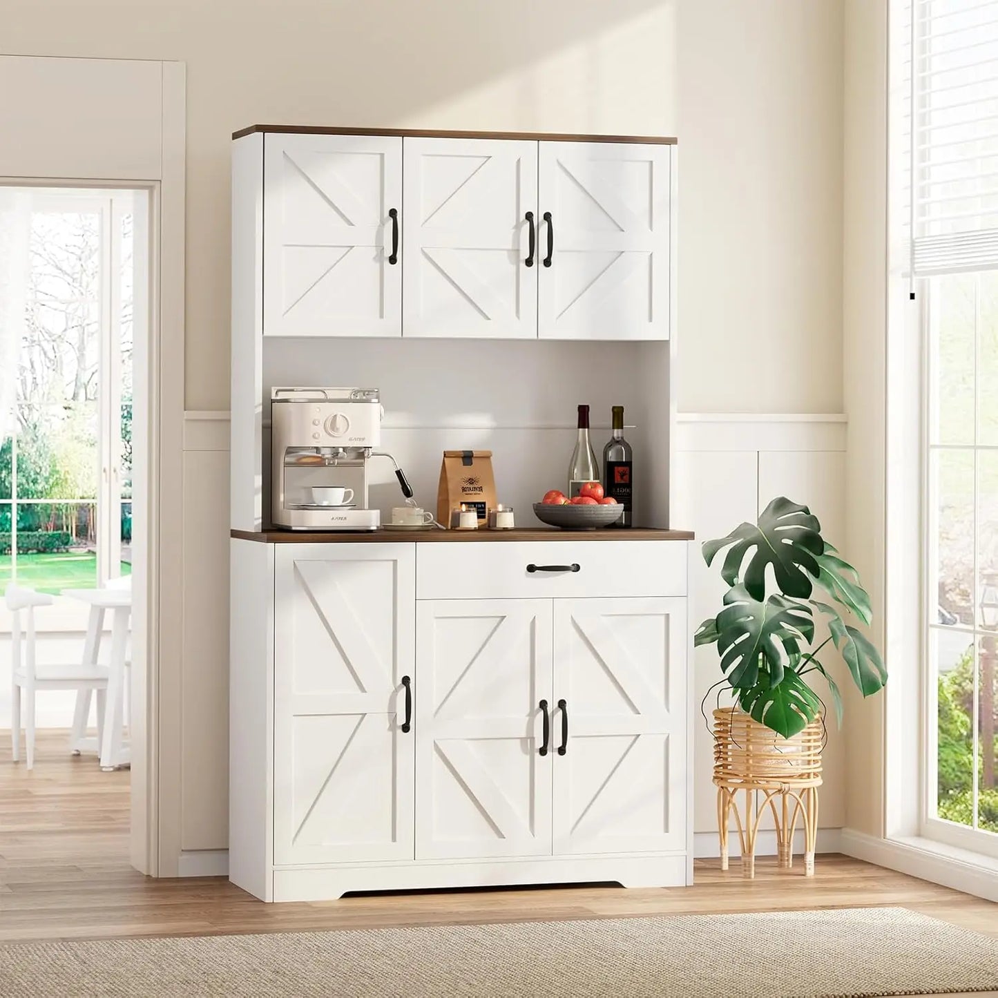 "71in White Kitchen Pantry Cabinet, Coffee Bar