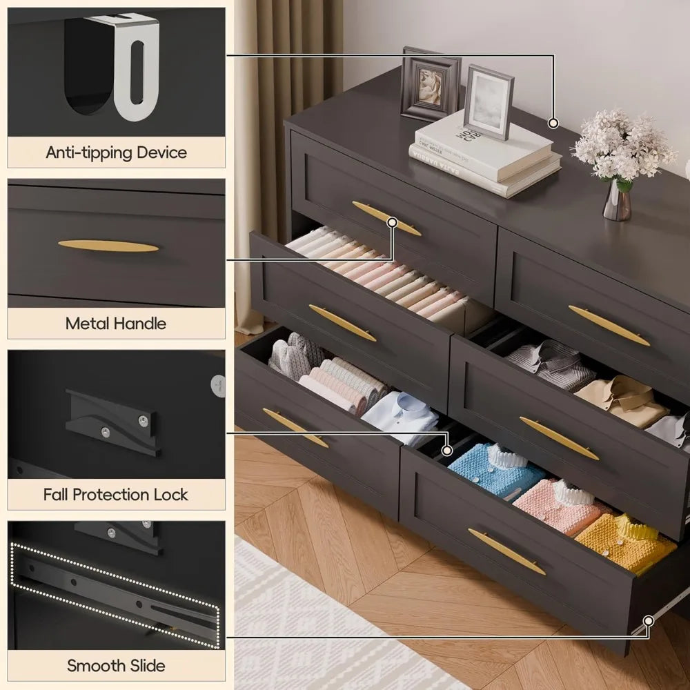 6 Drawer Wood Dresser for Bedroom