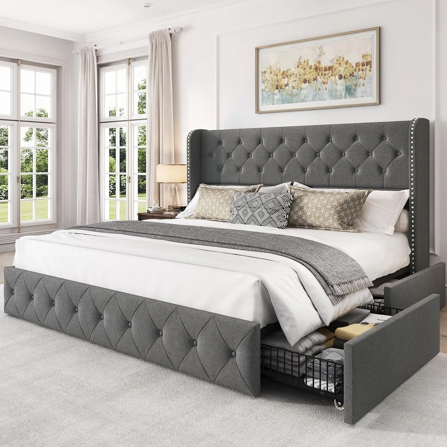 Bed Frame with 4 Storage Drawers, Headboard