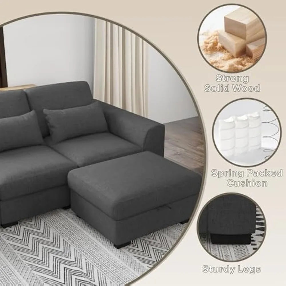 L-Shape Linen Sofa, Sectional Sofa with Ottoman