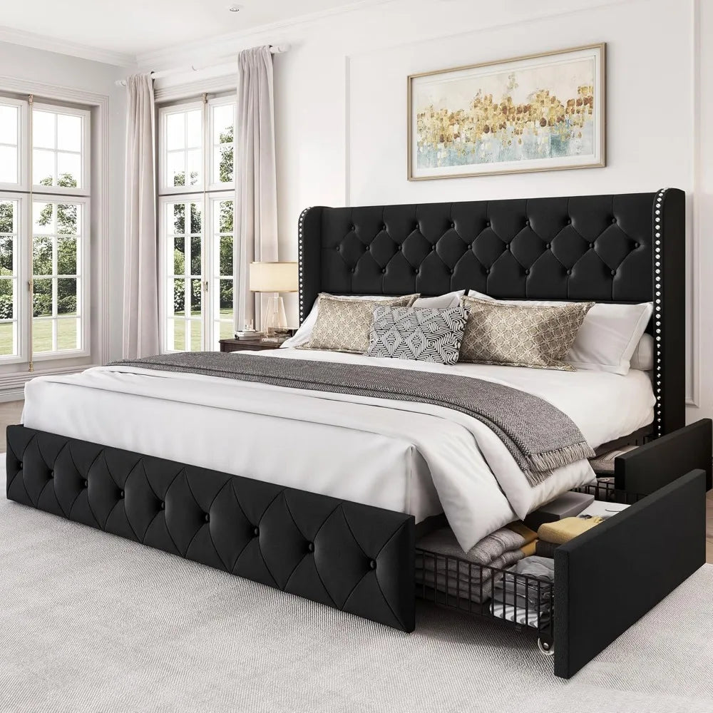 Bed Frame with 4 Storage Drawers, Headboard
