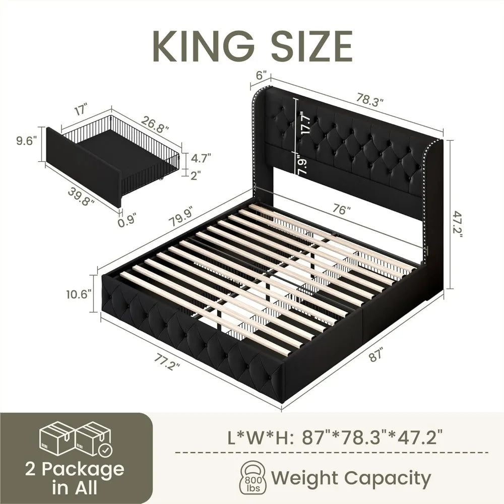 Bed Frame with 4 Storage Drawers, Headboard