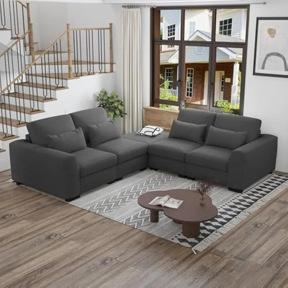 L-Shape Linen Sofa, Sectional Sofa with Ottoman
