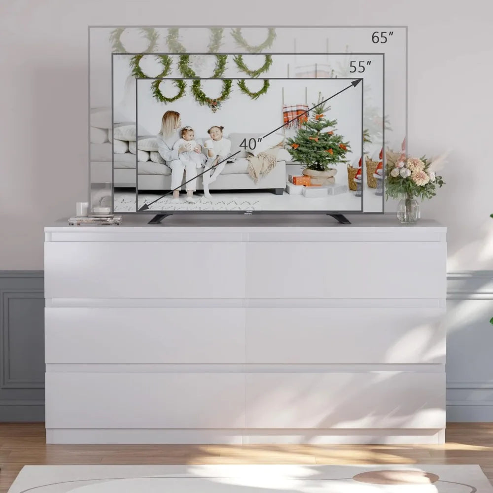 White Wood Dresser, 48" Wide 6 Drawers