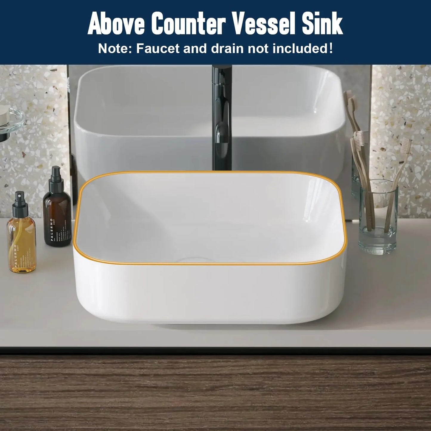 White w/Gold Rim Ceramic Bathroom Sink