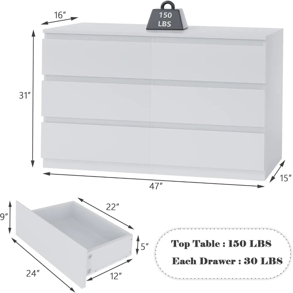 White Wood Dresser, 48" Wide 6 Drawers