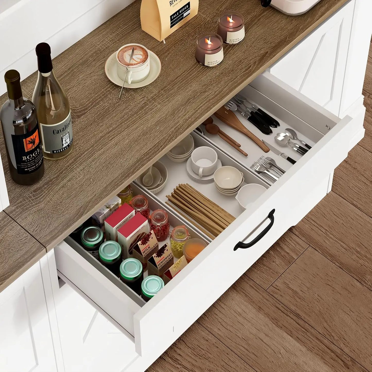 "71in White Kitchen Pantry Cabinet, Coffee Bar
