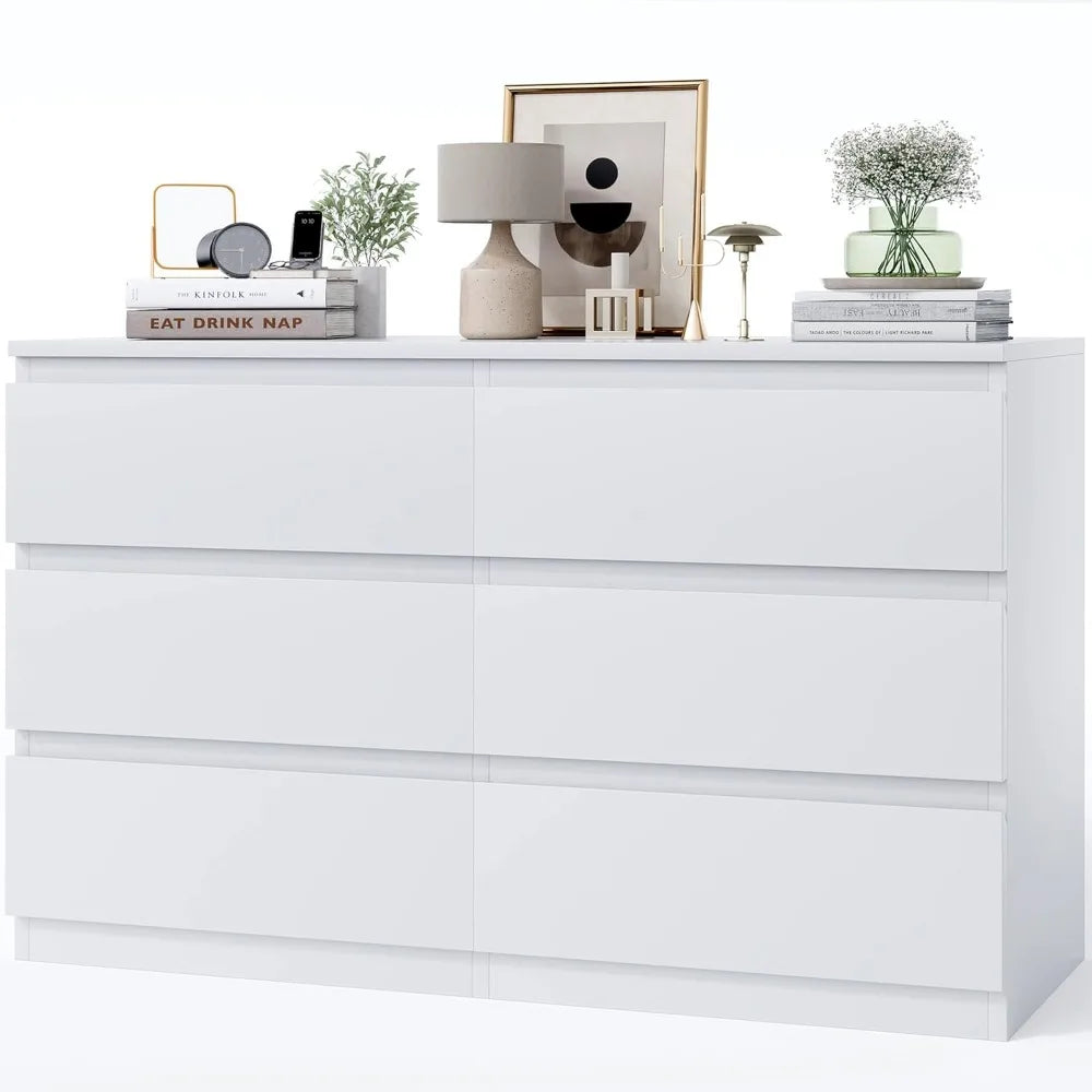 White Wood Dresser, 48" Wide 6 Drawers