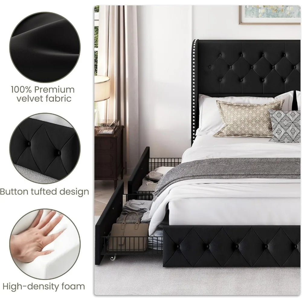 Bed Frame with 4 Storage Drawers, Headboard