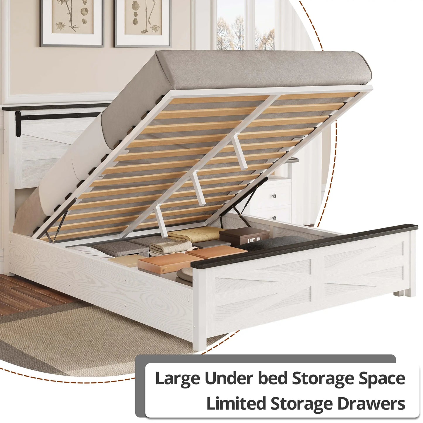 Farmhouse Queen Bed Frame with Liftup Storage