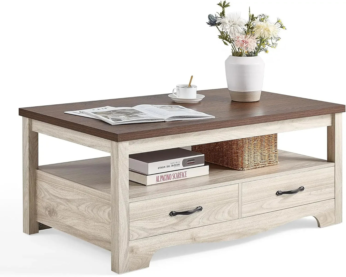 Farmhouse, Wood Coffee Table with Storage Drawers