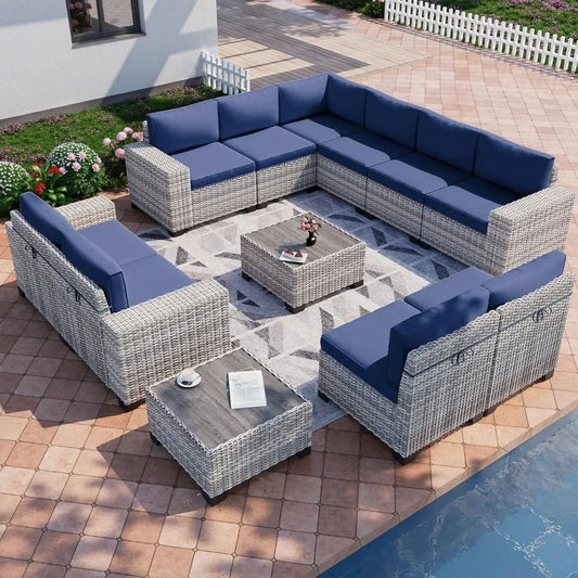 Patio Conversation Set with Thickened Cushions & Coffee Table, 12-Piece Outdoor Patio Furniture Set Wicker Sectional Sofa Set