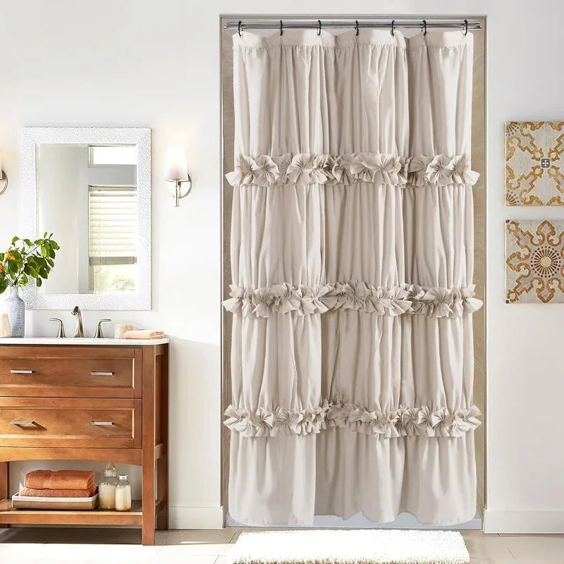 Ruffle Shower Curtain, Vintage Handcrafted Bow Tie