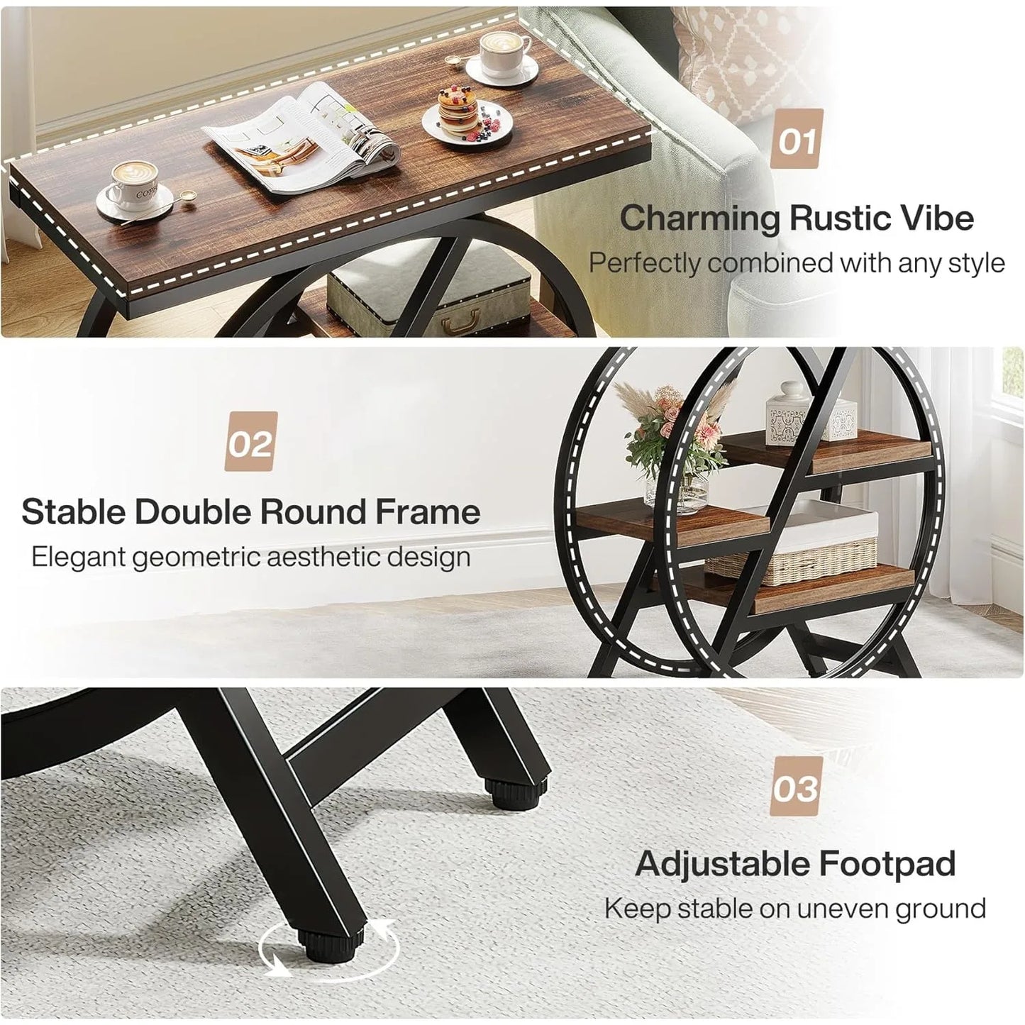 3-Tier Narrow Wood Side Table with Storage