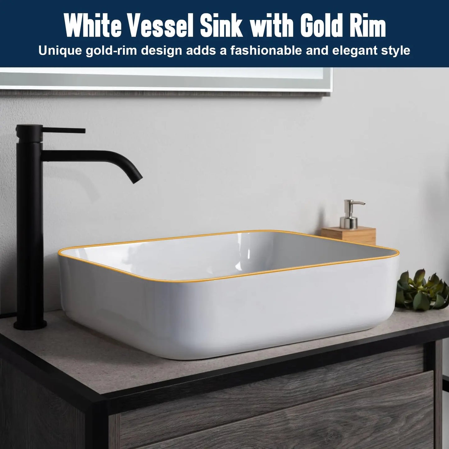 White w/Gold Rim Ceramic Bathroom Sink