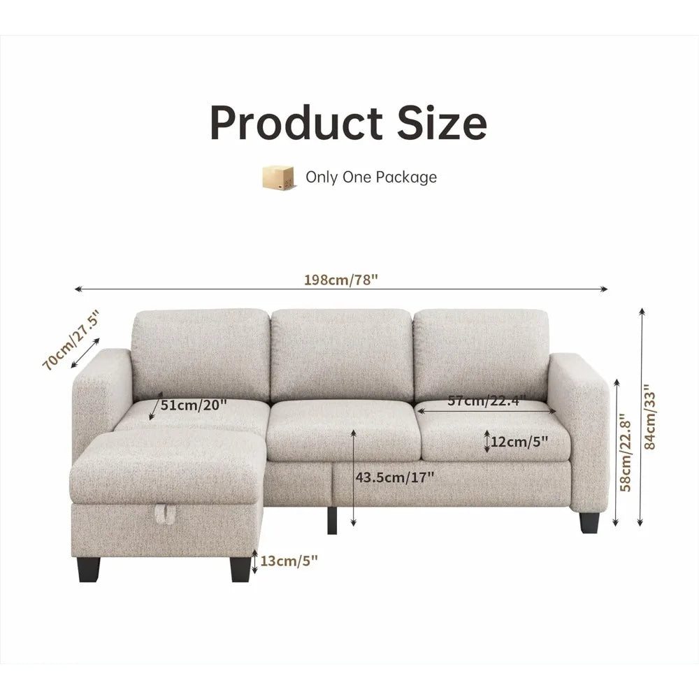 78" L Shaped Couch with Storage Ottoman