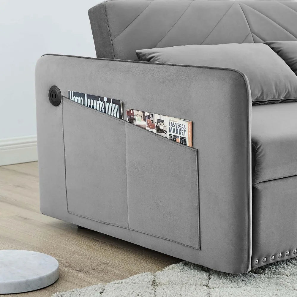 Sleeper Sofa Bed w/USB Port, Upholstered Velvet