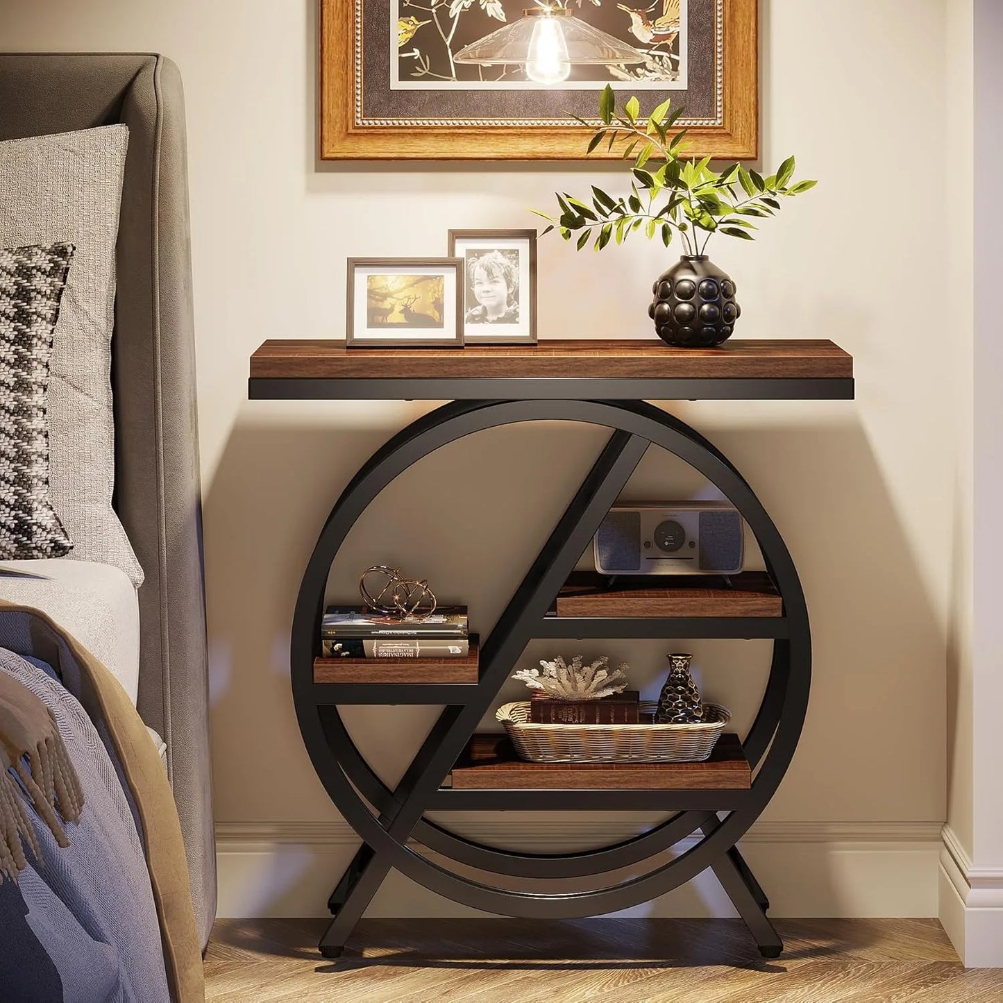 3-Tier Narrow Wood Side Table with Storage