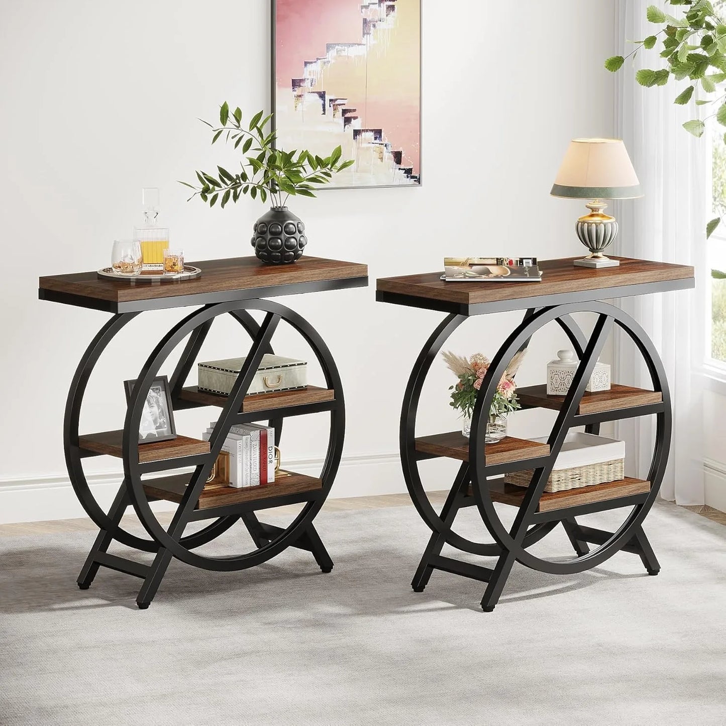 3-Tier Narrow Wood Side Table with Storage
