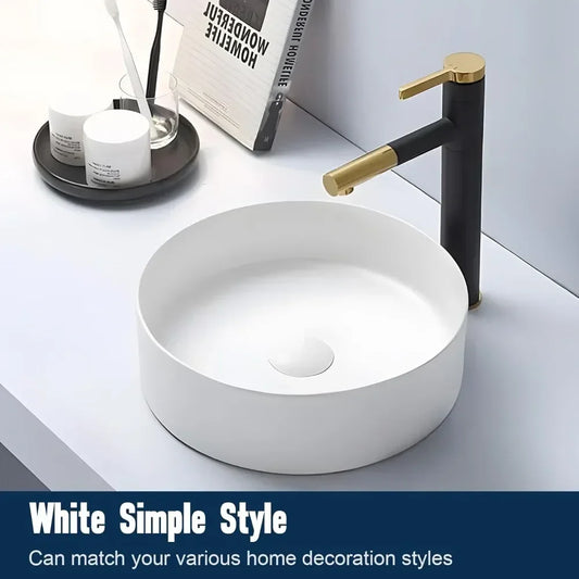 14"  White Ceramic Round Bathroom Sink