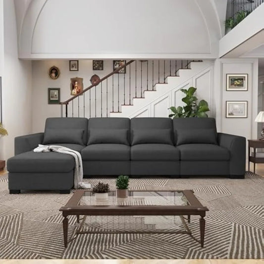 L-Shape Linen Sofa,  Sectional Sofa with Ottoman