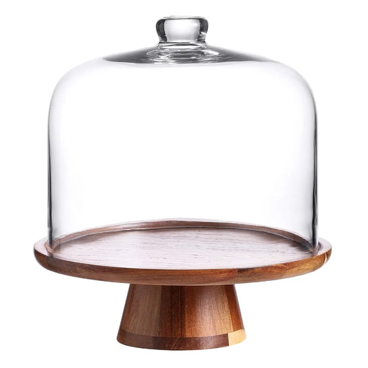 Round Wood Server Cake Stand with Dome