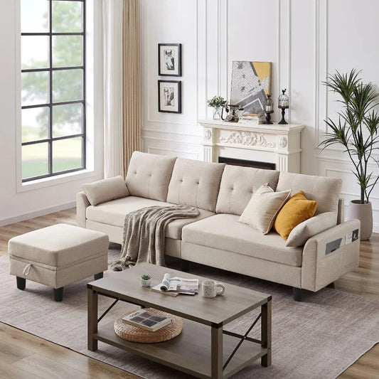 Convertible Sectional Sofa with Reversible Storage Ottoman